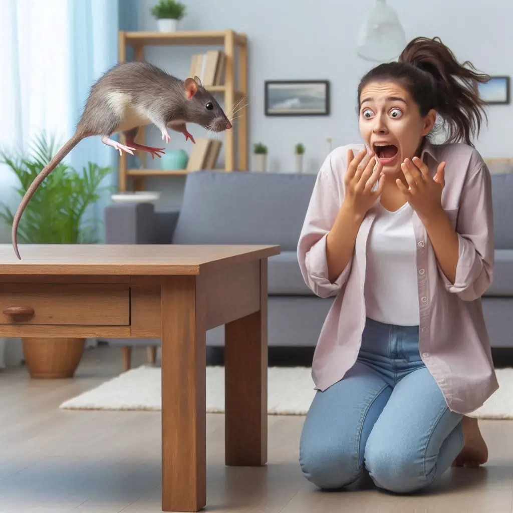 Problèmes de nuisibles-une femmes effrayé par un qui saute.